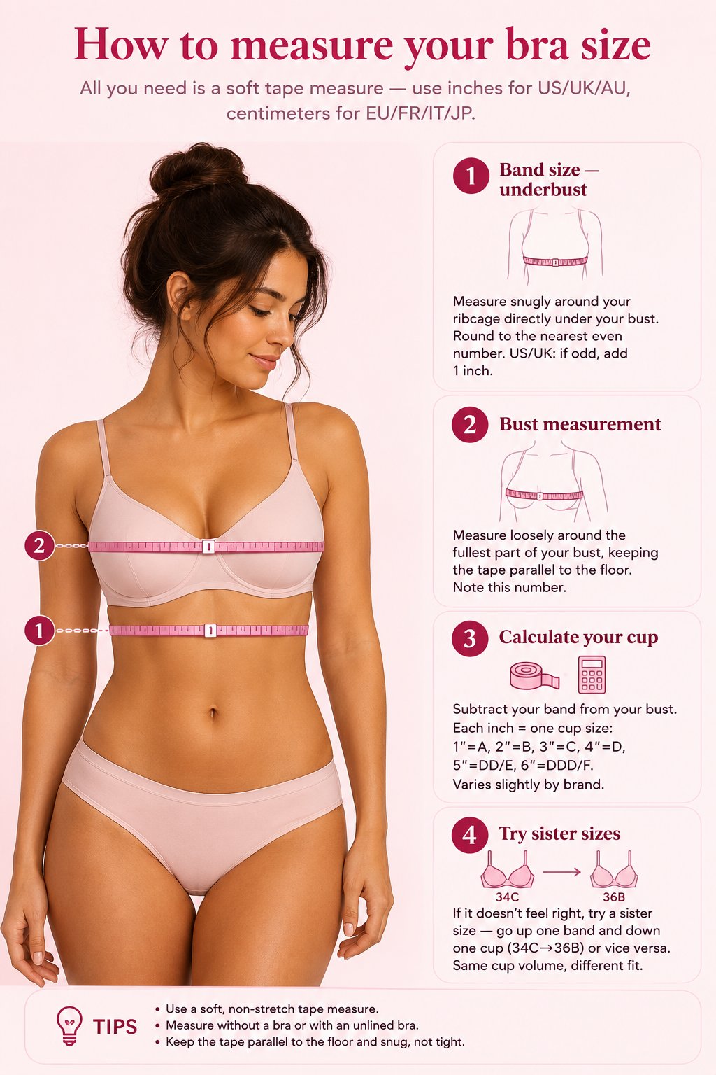 How to measure your bra size: band line snug under the bust (1) and bust line around the fullest part of the chest (2), with steps for calculating your cup and trying sister sizes.